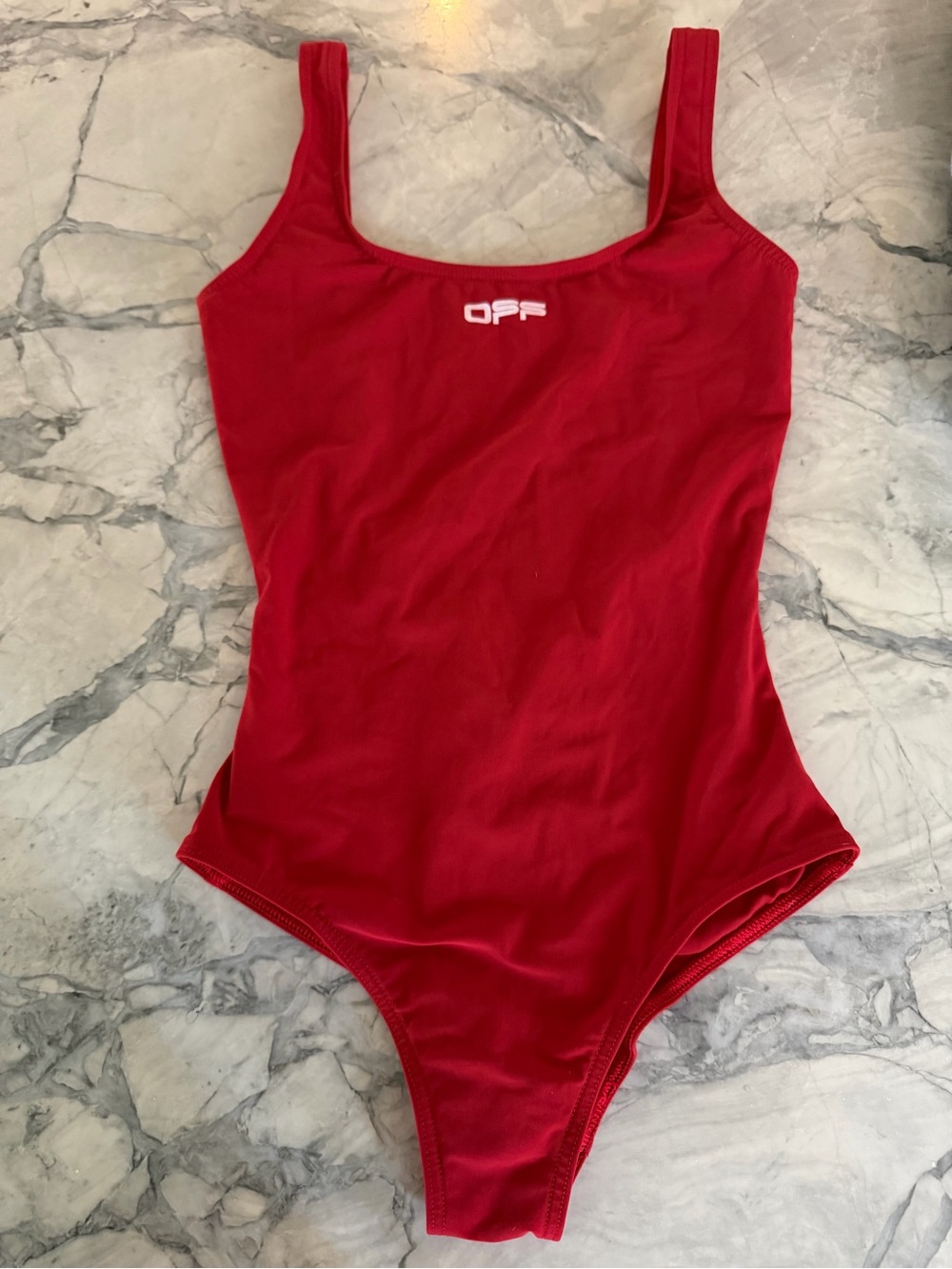 Off-White Red Scoop-Neck One-Piece Swimsuit with White 'OFF' Logo